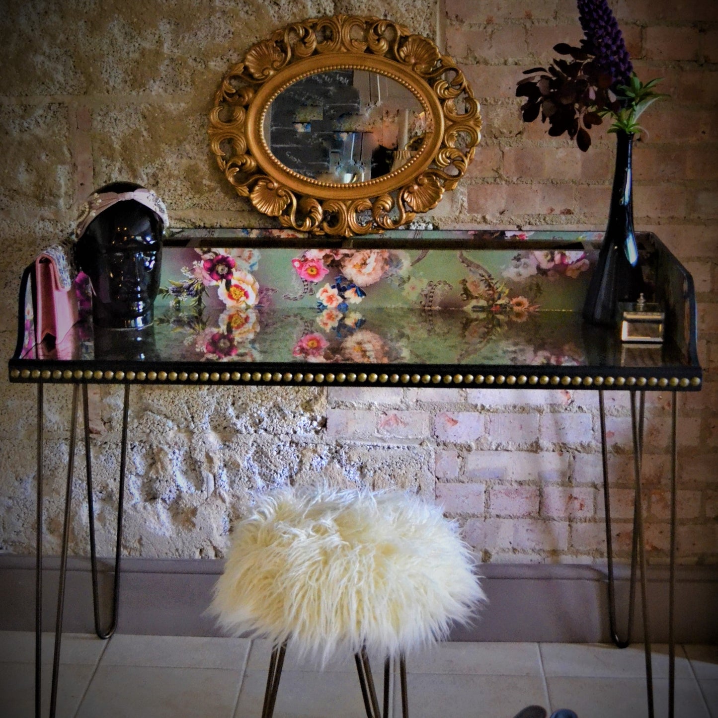 Upcycled Floral Desk/Dressing Table with Antiqued Mirror & Studs