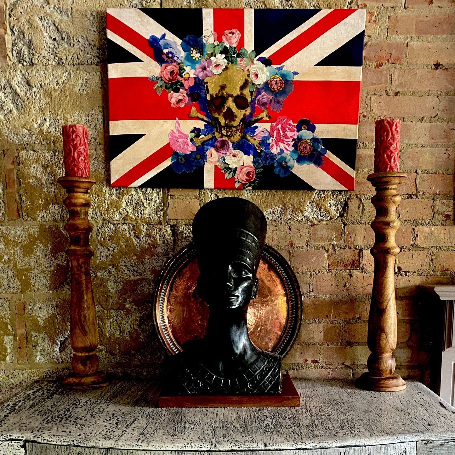 Gold Leaf Skull Fabric Collage Art Canvas