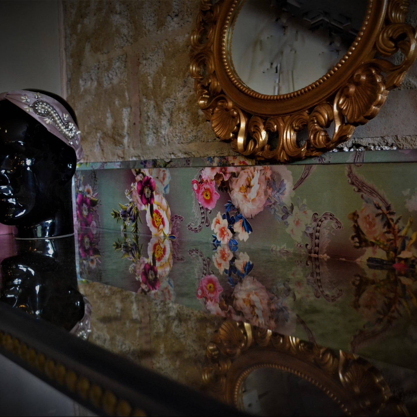 Upcycled Floral Desk/Dressing Table with Antiqued Mirror & Studs