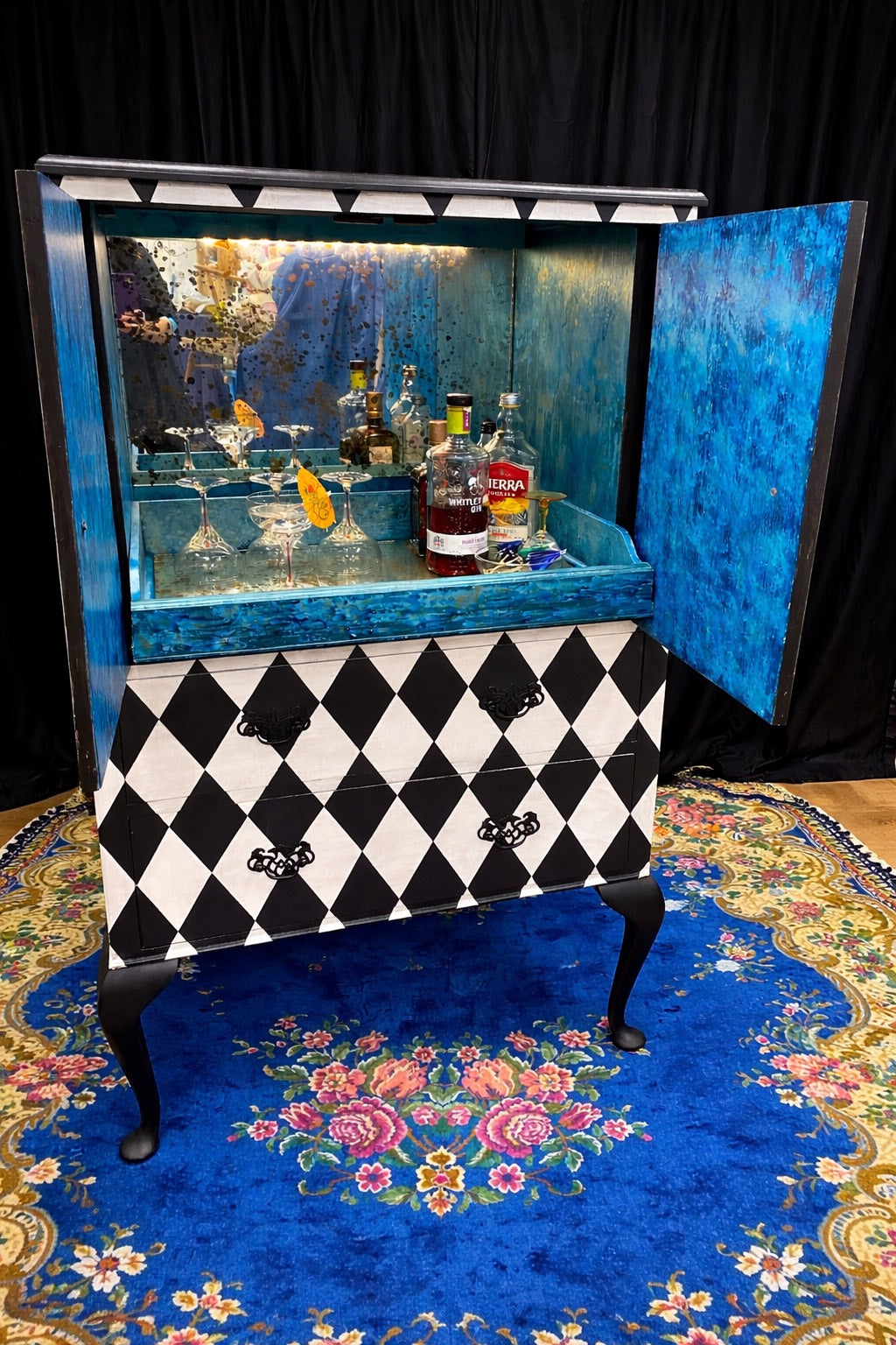 Hand painted Vintage Drinks/Cocktail Cabinet with Distressed mirror