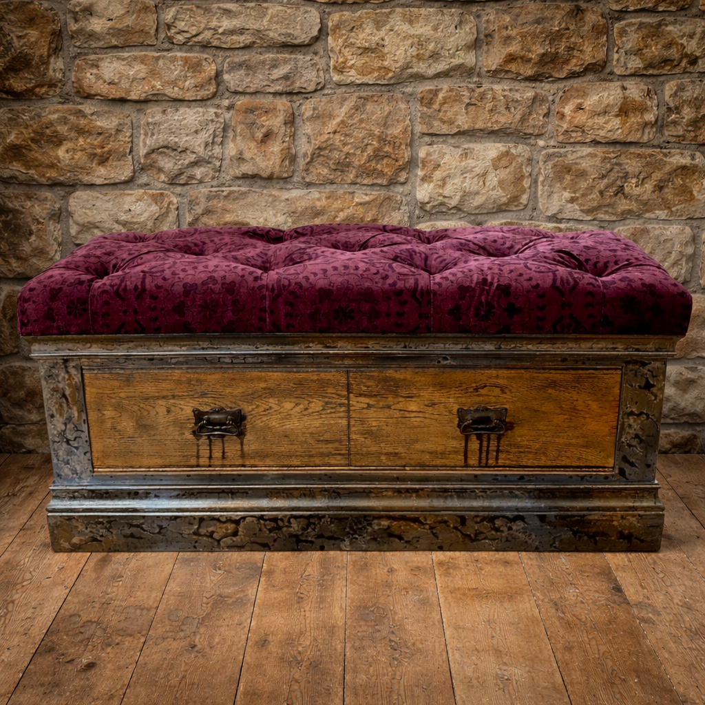 Hand Painted Oak Storage Seat, Upholstered Hall Storage With Drawer