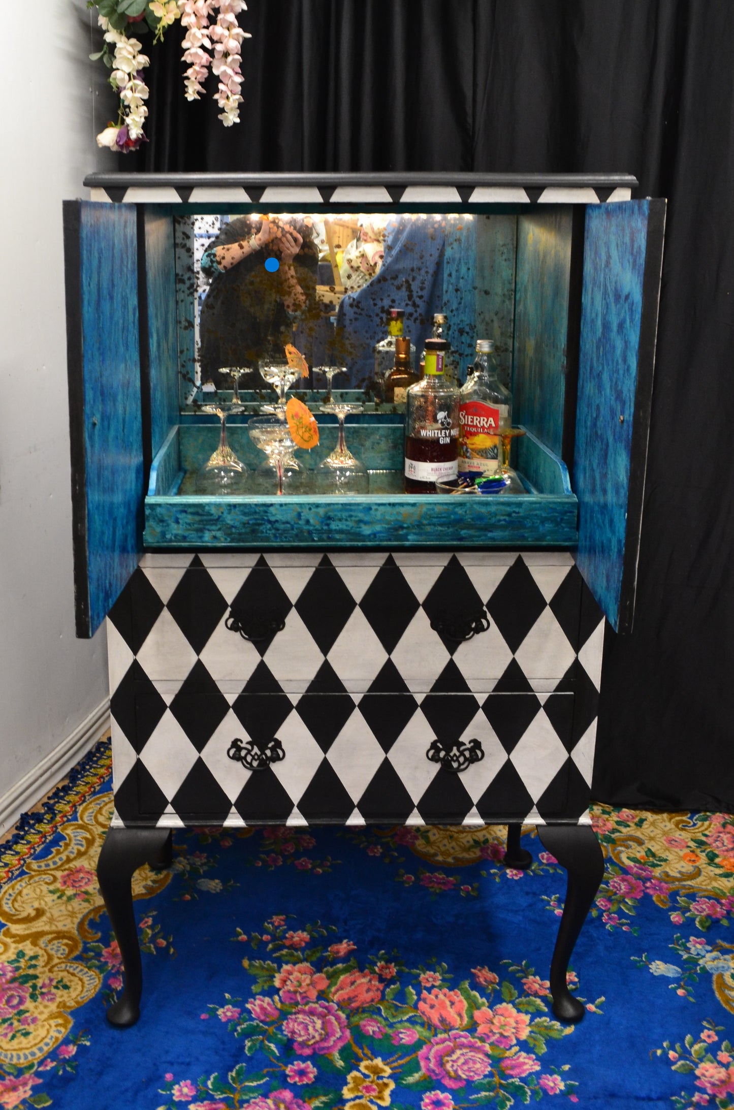 Hand painted Vintage Drinks/Cocktail Cabinet with Distressed mirror