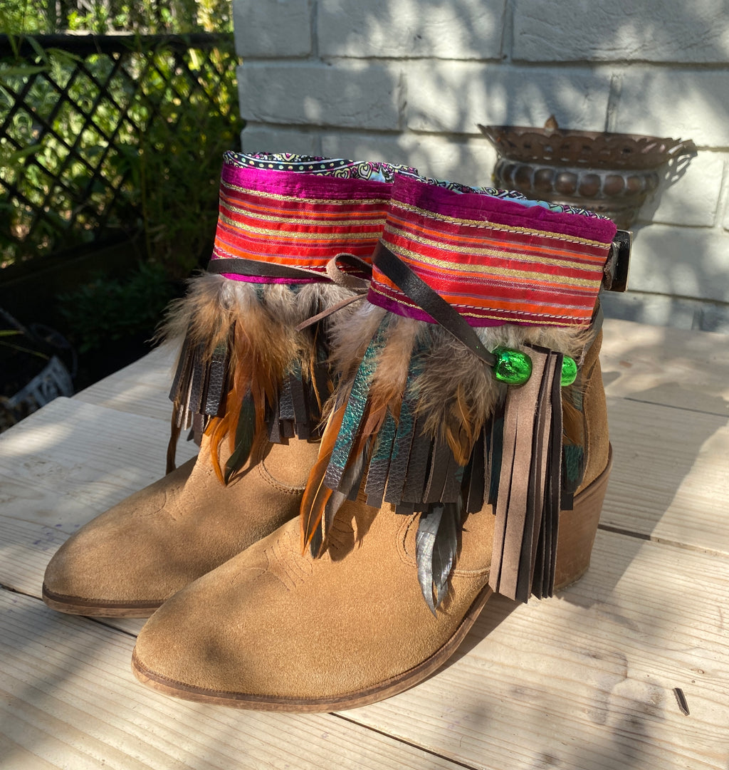 Striped Aztec Boot Cuffs with Feathers