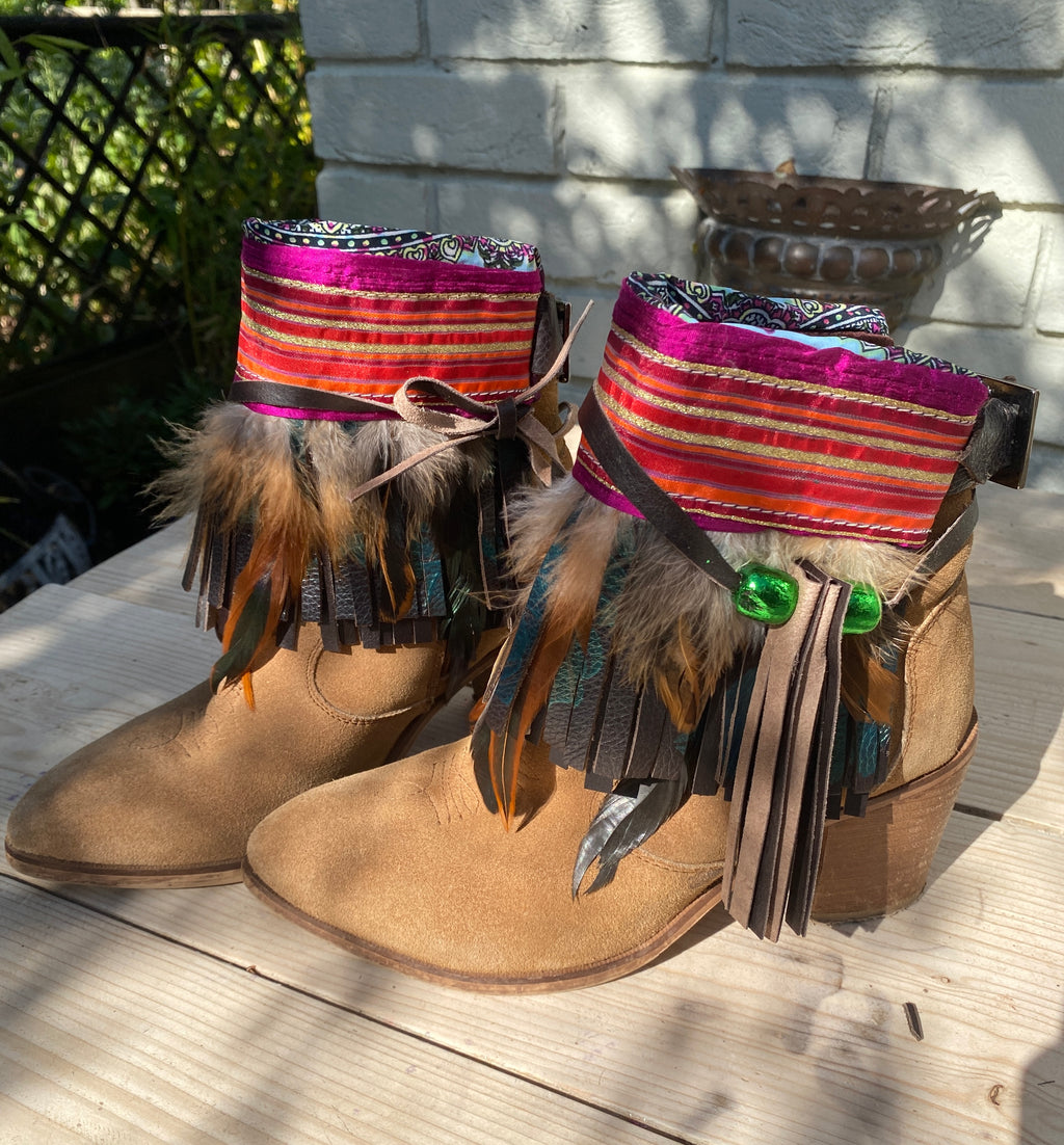 Striped Aztec Boot Cuffs with Feathers