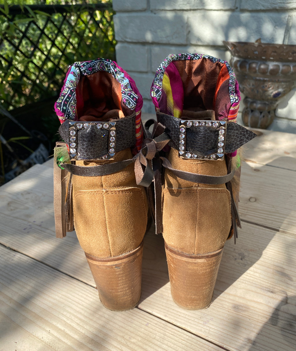 Striped Aztec Boot Cuffs with Feathers
