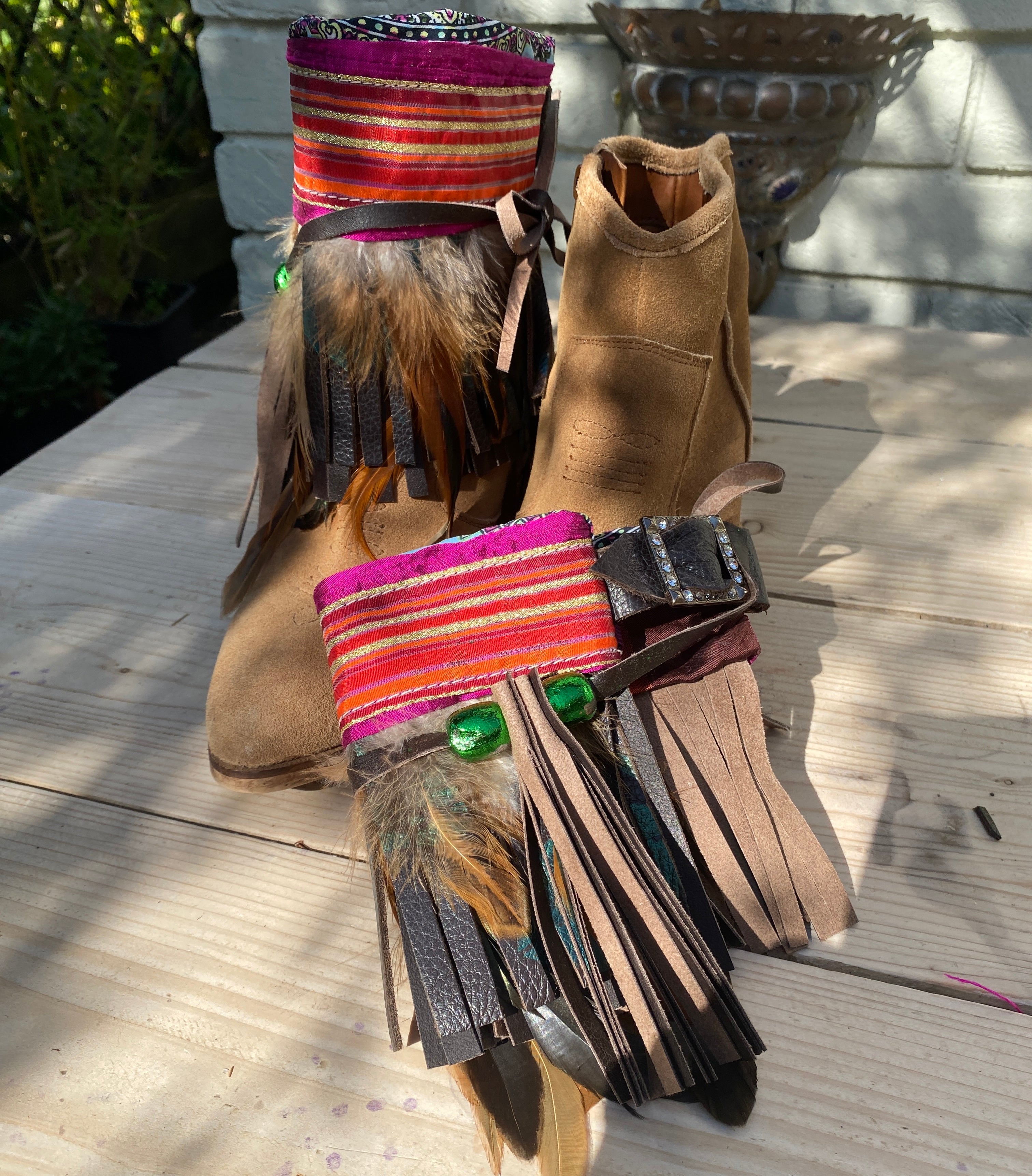 Striped Aztec Boot Cuffs with Feathers