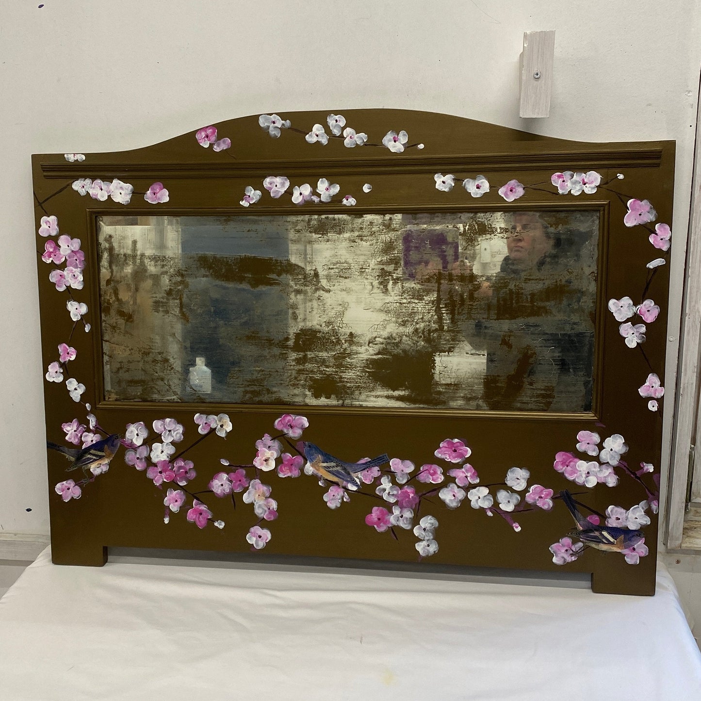 Hand Painted Bronze Chinoiserie Inspired Cherry Blossom Bird Mirror