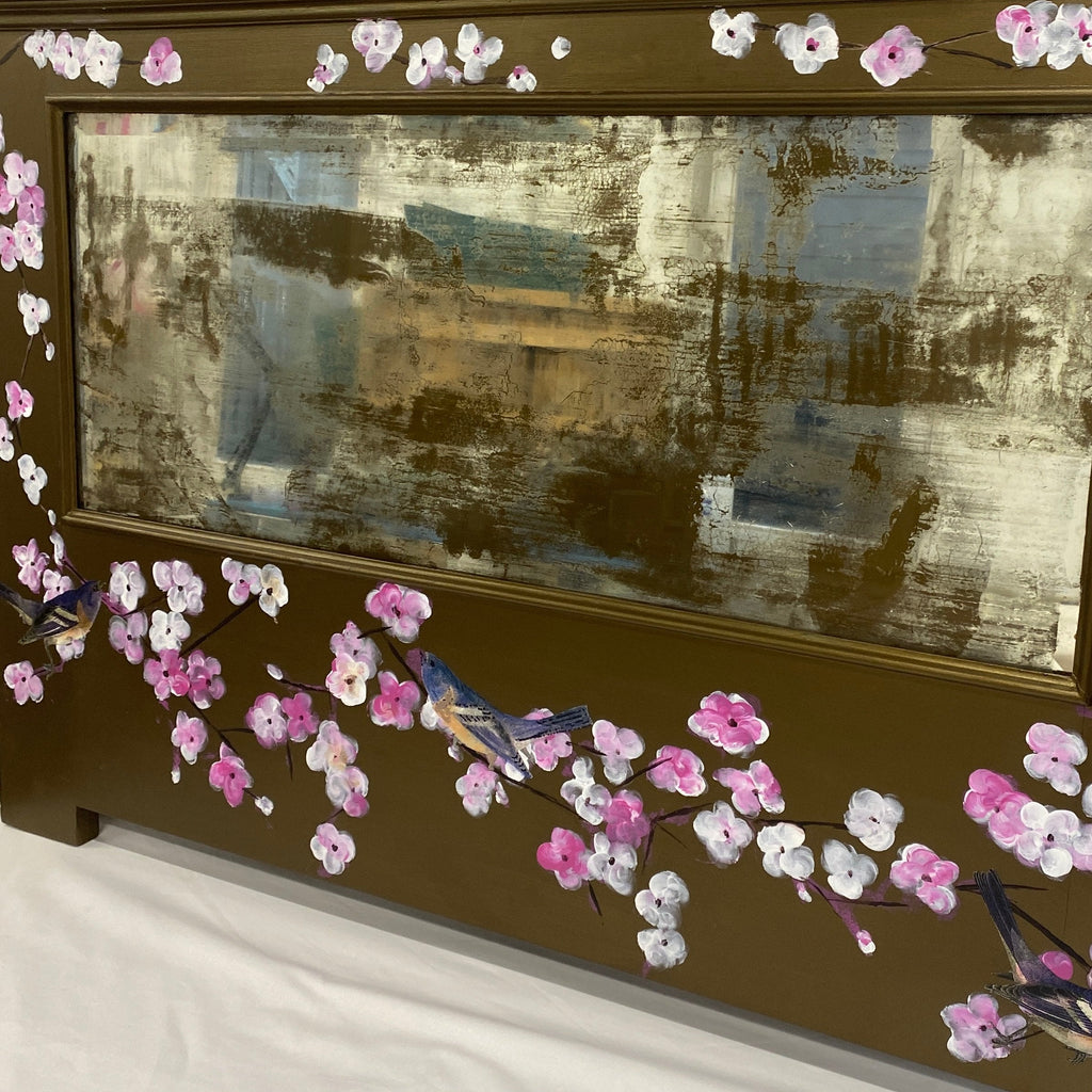 Hand Painted Bronze Chinoiserie Inspired Cherry Blossom Bird Mirror