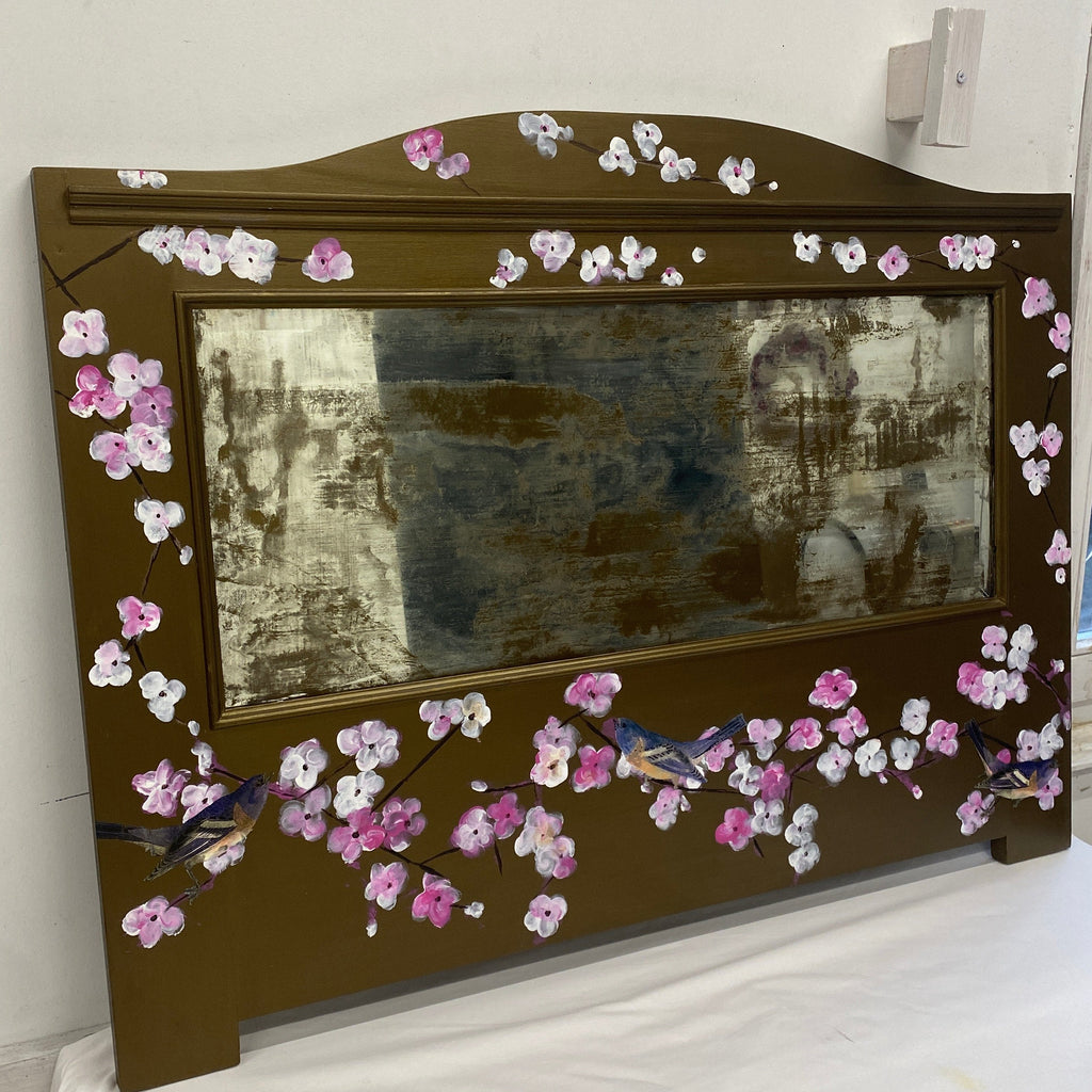 Hand Painted Bronze Chinoiserie Inspired Cherry Blossom Bird Mirror