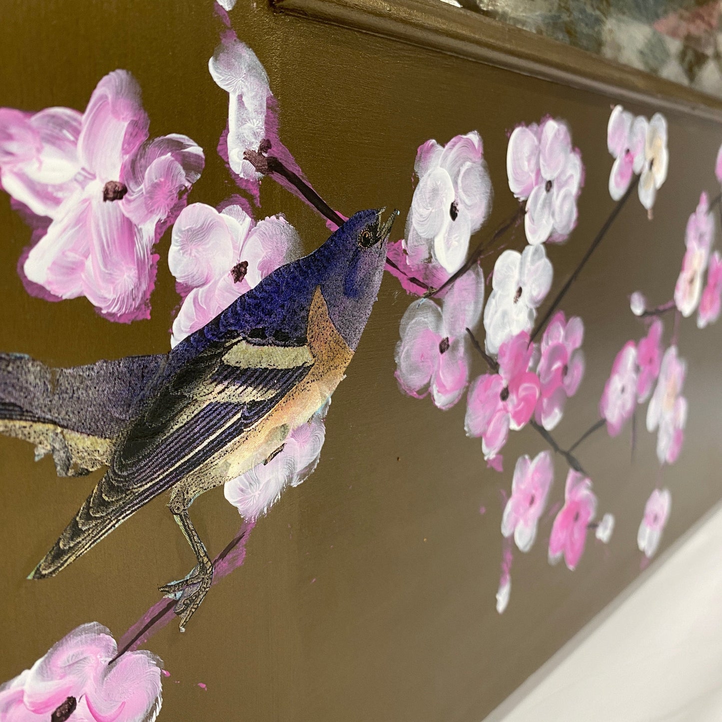 Hand Painted Bronze Chinoiserie Inspired Cherry Blossom Bird Mirror