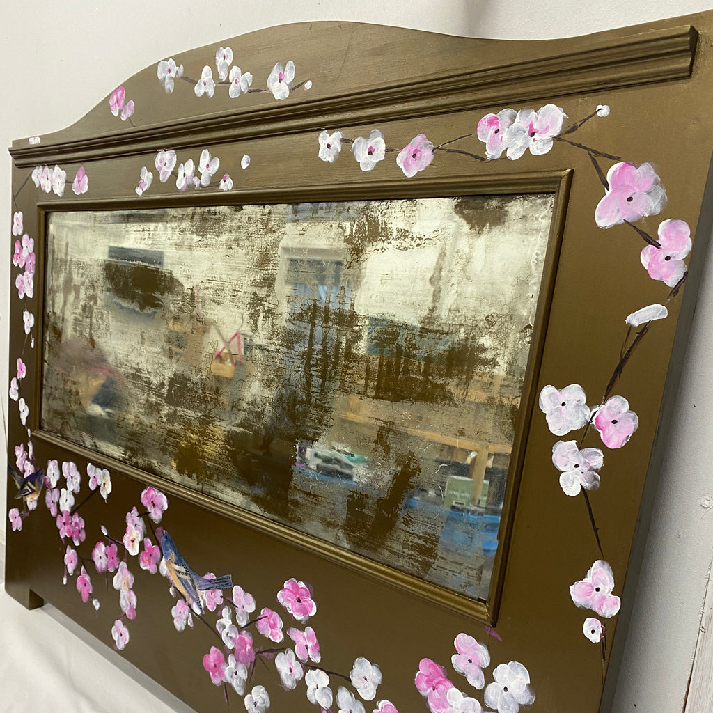 Hand Painted Bronze Chinoiserie Inspired Cherry Blossom Bird Mirror