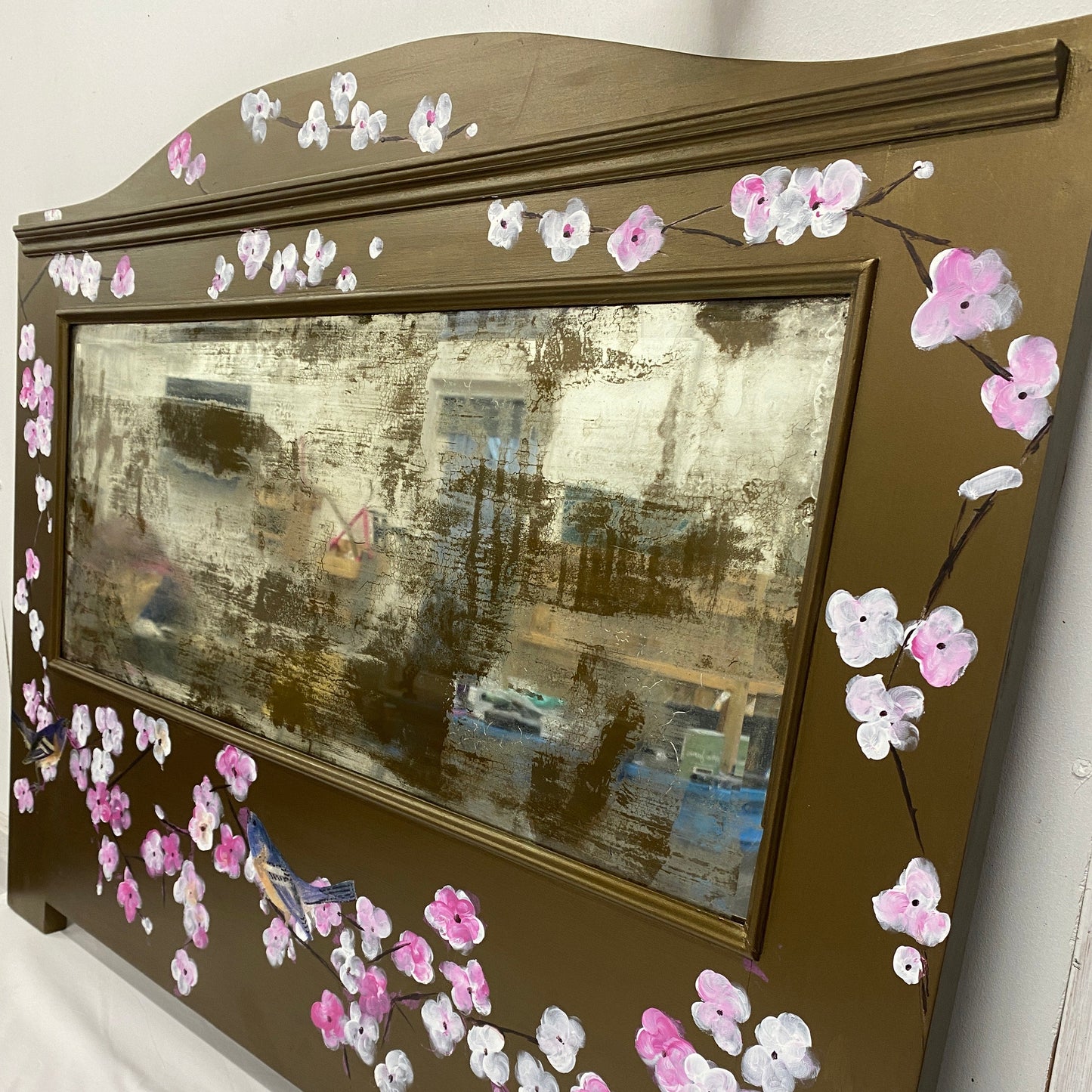 Hand Painted Bronze Chinoiserie Inspired Cherry Blossom Bird Mirror