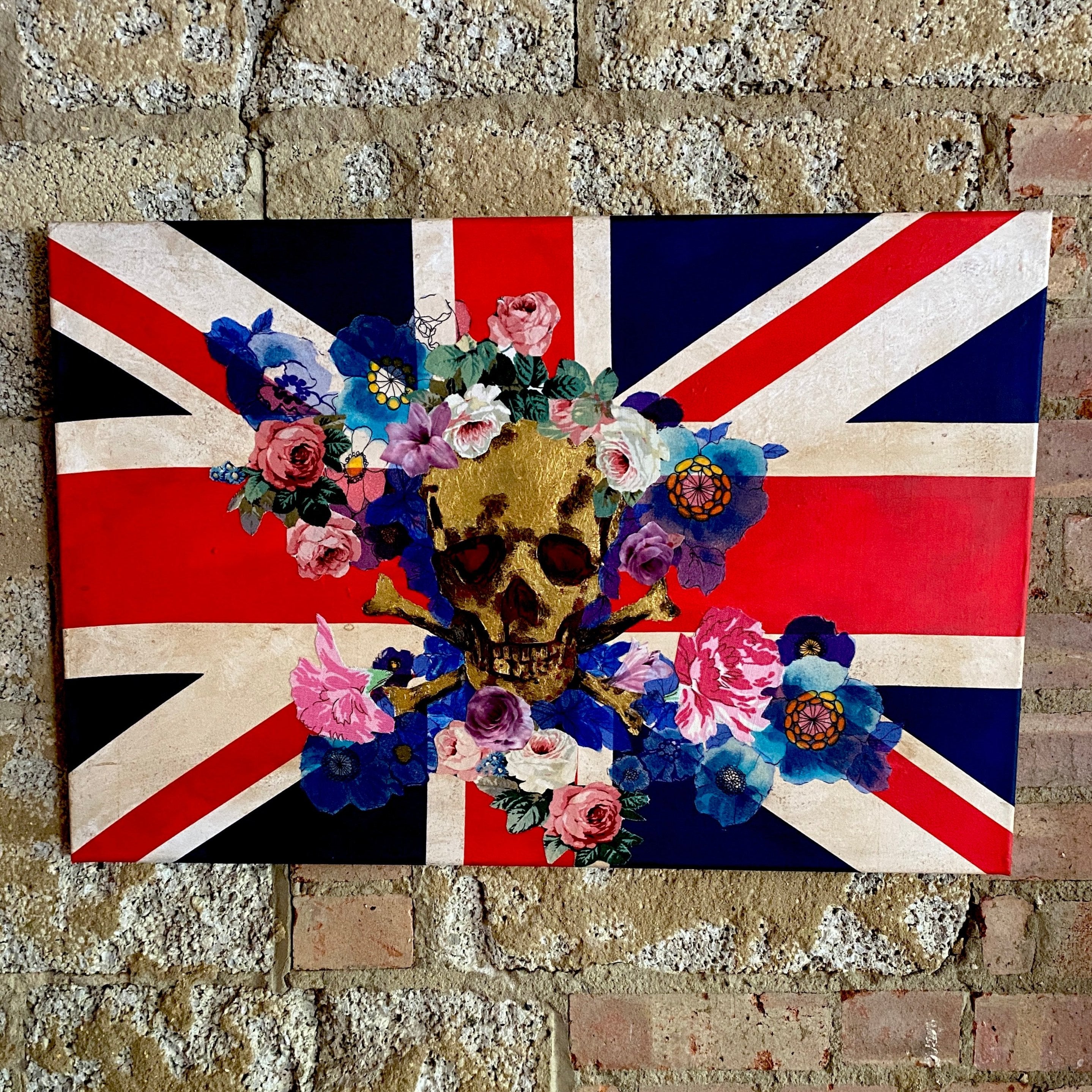 Gold Leaf Skull Fabric Collage Art Canvas