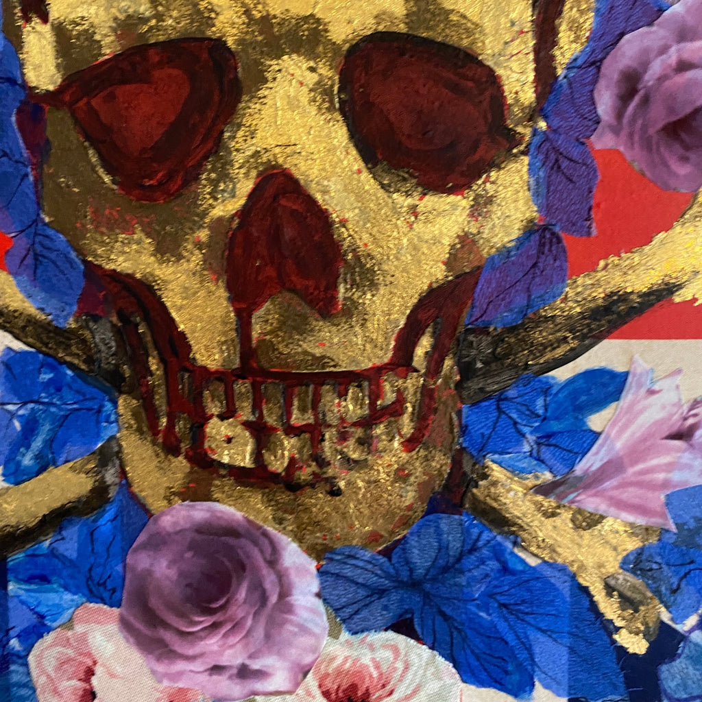 Gold Leaf Skull Fabric Collage Art Canvas