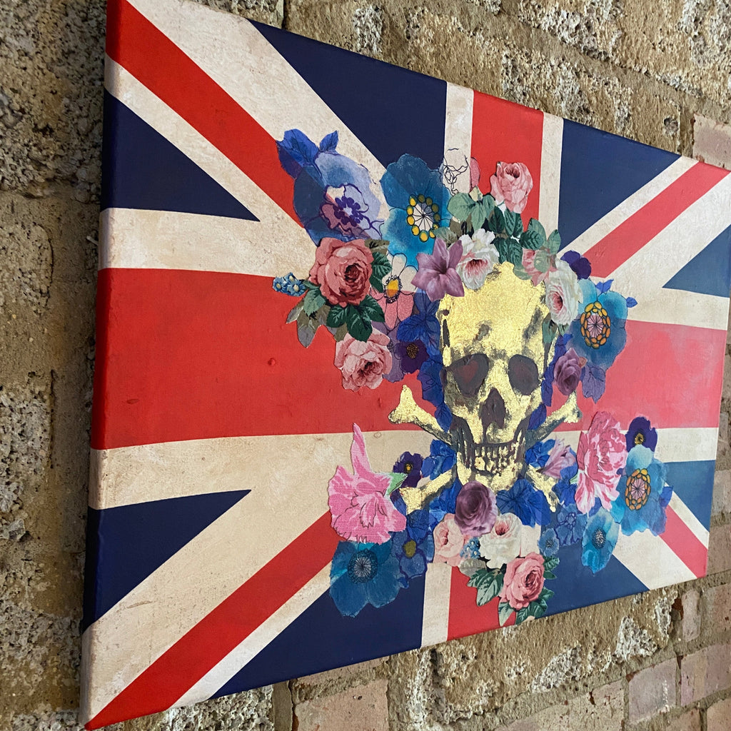 Gold Leaf Skull Fabric Collage Art Canvas