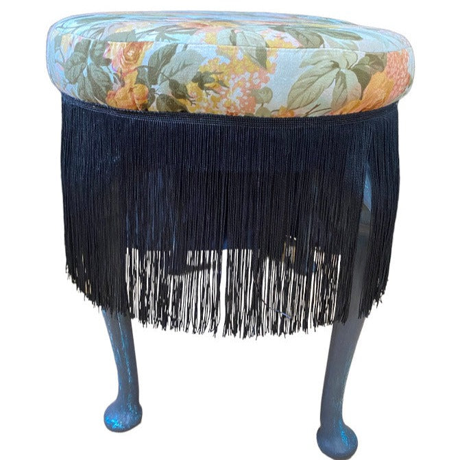 Upcycled Eclectic Floral Fringed Stool